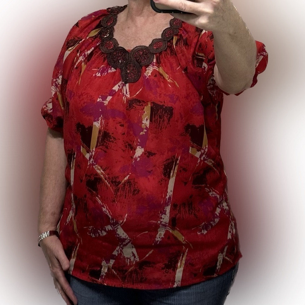 Due Per Due Gorgeous Red Tunic with design of other colors. Crocheted neck trim